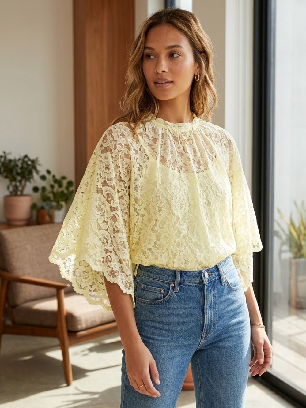 Unique Vintage Yellow Lace Short-Sleeve Women's Top, Open Back, Flowy Sleeves